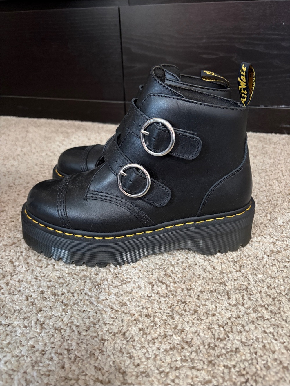 Dr. Martens Devon Black Leather Platform Buckle Boots with Yellow Stitching